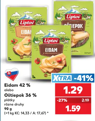 Liptov Eidam 42 % alebo Oštiepok 36 % plátky