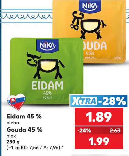 Eidam 45% alebo Gouda 45% blok