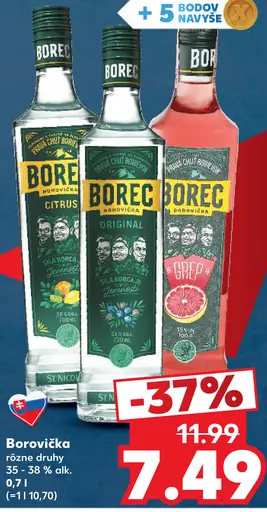 Borec Borovička, rôzne druhy 35–38 %: Citrus, Original, Grapefruit