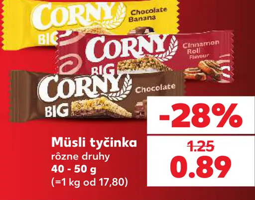 Corny Big müsli tyčinka rôzne druhy: Chocolate, Banana, Cinnamon Roll