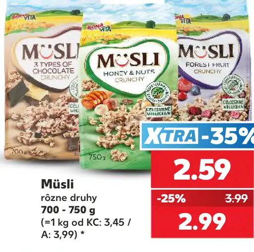 Müsli rôzne druhy: 3 Types of Chocolate, Honey & Nuts, Forest Fruit Crunchy