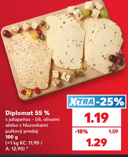 Diplomat 55 % s jalapeños, čili, olivami alebo s húbovými prísadami