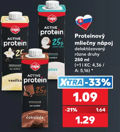 Rajo Active protein mliečny nápoj, rôzne druhy: vanilka, kokos, čokoláda