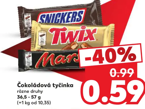 Čokoládová tyčinka Snickers, Twix a Mars