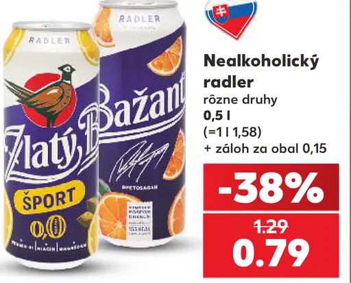 Zlatý Bažant nealkoholický radler rôzne druhy plechovka