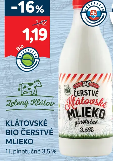 Klátovské bio čerstvé mlieko plnotučné 3.5%