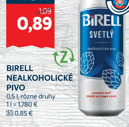 Birell Svetlý nealkoholické pivo plechovka