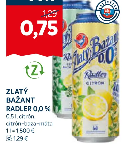 Zlatý Bažant radler 0,0 % plechovka