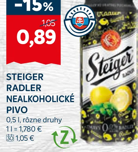 Steiger Radler nealkoholické plechovka