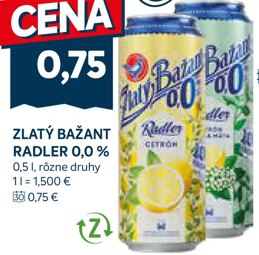 Zlatý Bažant radler 0,0 % plechovka