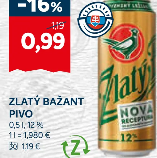 Zlatý Bažant Pivo plechovka