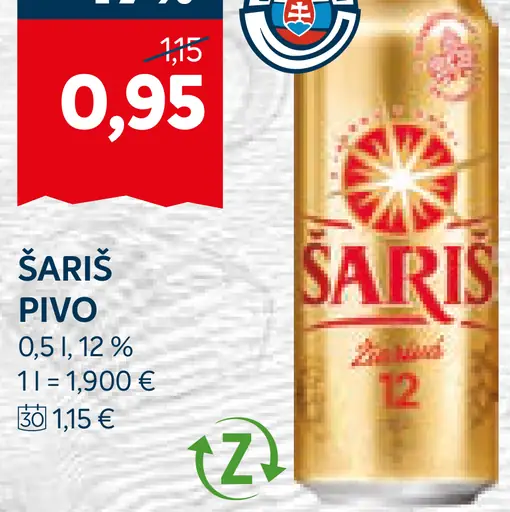 Šariš Svetlé pivo plechovka