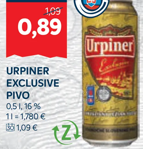 Urpiner Exclusive pivo plechovka 16 %