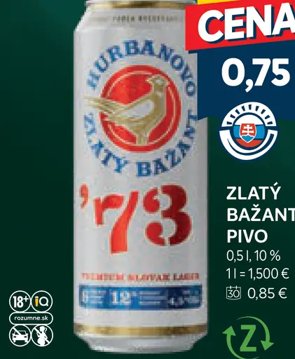 Zlatý Bažant '73 pivo svetlý ležiak plechovka