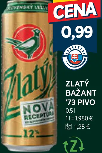 Zlatý Bažant 12 % pivo Nova receptúra plechovka