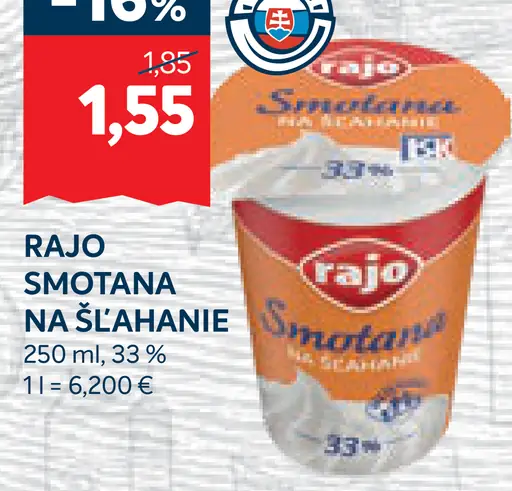 Rajo Smotana na šľahanie 33%