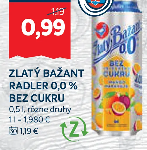Zlatý Bažant Radler 0,0 % bez cukru plechovka rôzne druhy