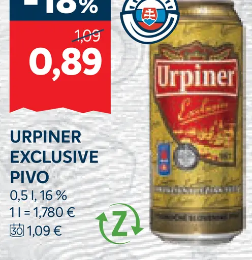Urpiner Exclusive pivo plechovka 16 %