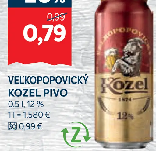 Velkopopovický Kozel pivo plechovka 12 %