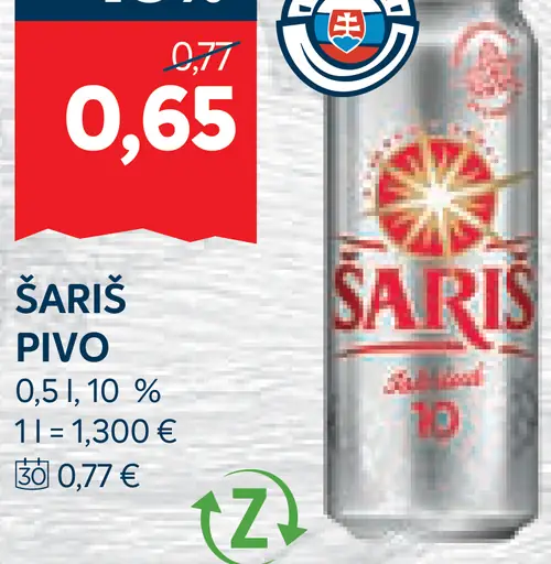 Šariš Svetlé pivo plechovka