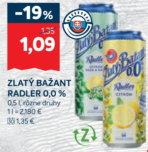 Zlatý Bažant radler 0,0 % plechovka