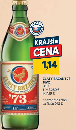 Zlatý Bažant '73 pivo svetlý ležiak