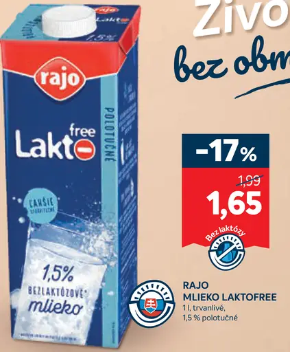 Rajo Laktófree mlieko trvanlivé 1,5 % polotučné