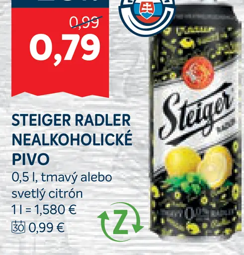 Steiger radler nealkoholické pivo svetlý citrón