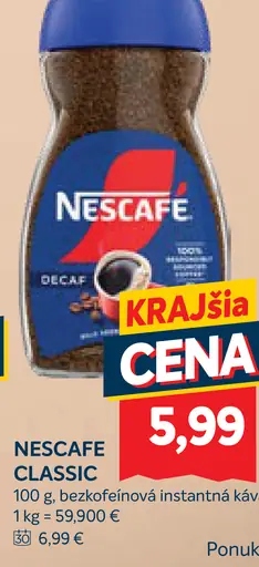 Nescafé Classic Decaf bezkofeínová instantná káva