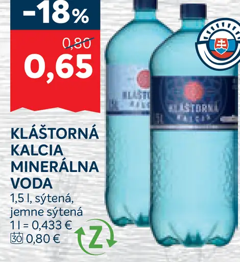Kláštorná kalcia minerálna voda sýtená jemne sýtená