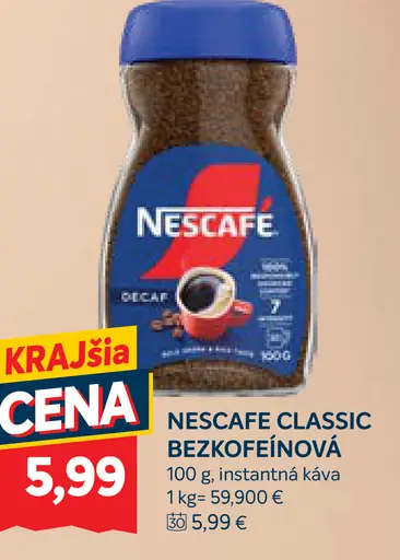 Nescafé Classic Decaf bezkofeínová instantná káva