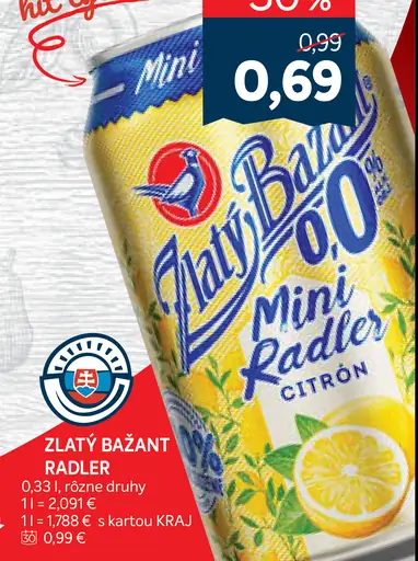 Zlatý Bažant Radler 0,0 % citrón, mäta limetka plechovka rôzne druhy