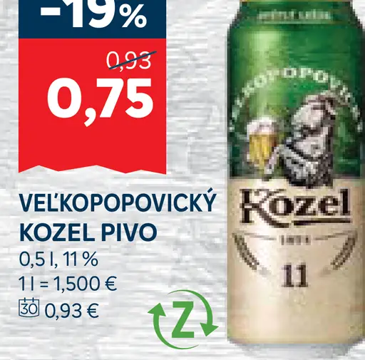 Velkopopovický Kozel pivo plechovka