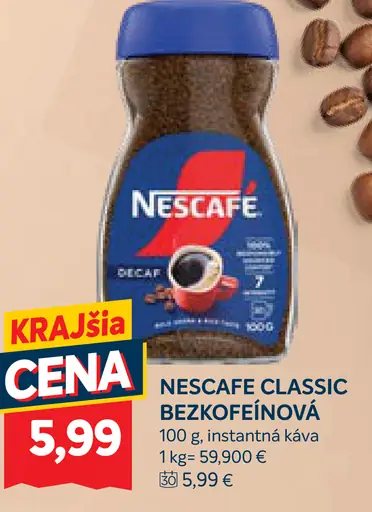 Nescafé Classic Decaf bezkofeínová instantná káva