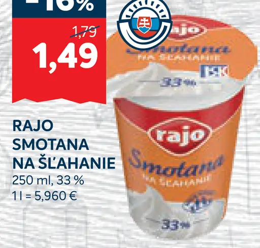 Rajo Smotana na šľahanie 33%
