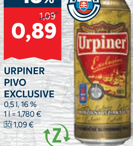 Urpiner Pivo Exclusive svetlé pivo 16 %