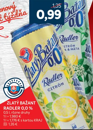 Zlatý Bažant Radler 0,0% citrón baza mäta
