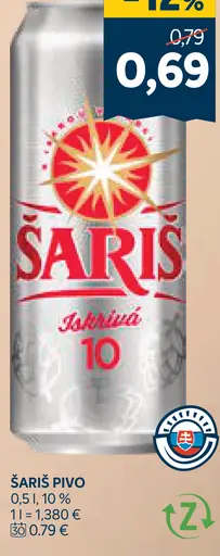 Šariš 10° pivo plechovka