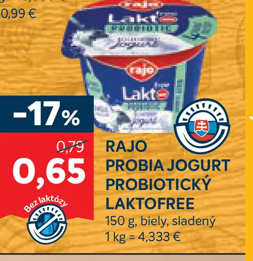 Rajo Lakto Free Probiotic biely sladený jogurt