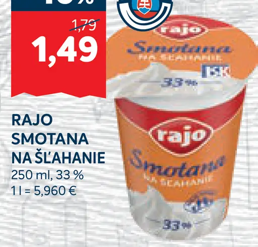 Rajo Smotana na šľahanie 33%