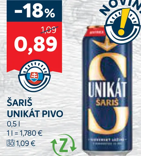 Šariš Unikát pivo plechovka