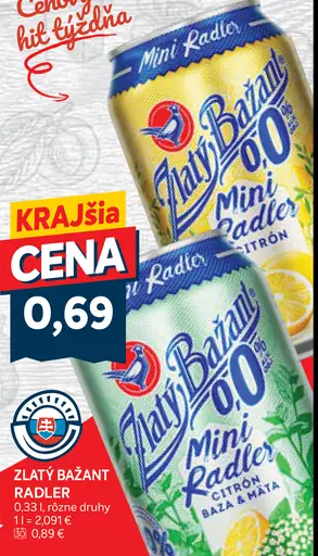 Zlatý Bažant radler 0,0 % plechovka