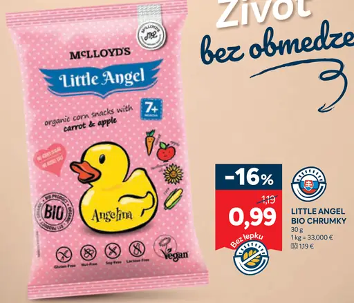 McLloyds Little Angel bio kukuriové chrumky s mrkvou a jablkom