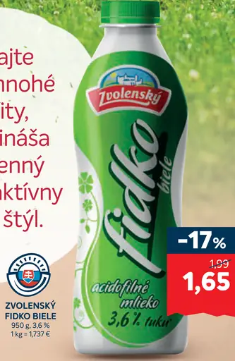 Zvolenský Fidko biele acidofilné mlieko 3,6 % tuku