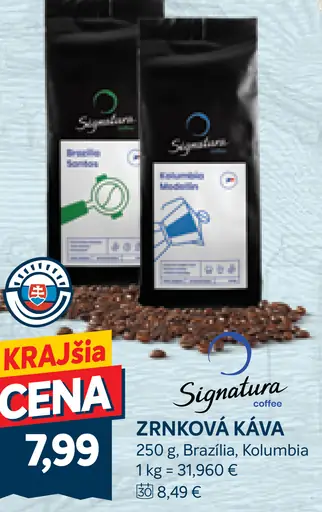 Signatura zrnková káva Brazília, Kolumbia