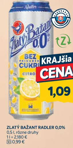 Zlatý Bažant Radler 0,0% citrón baza mäta