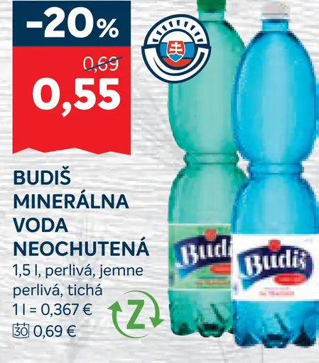 Budiš minerálna voda neochutená perlivá jemne perlivá