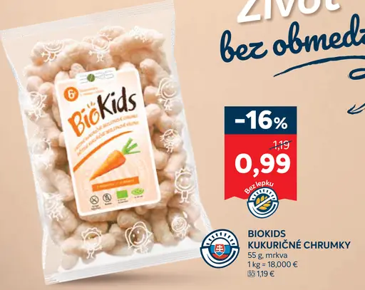 BioKids bio kukuričné chrumky s príchuťou mrkva