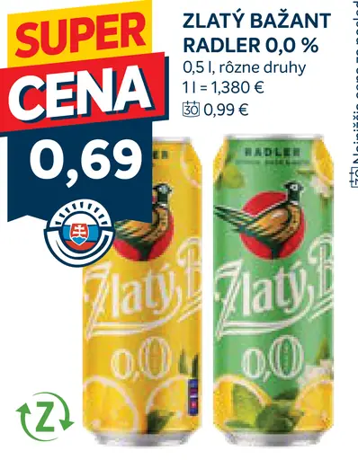 Zlatý Bažant Radler 0,0 % rôzne druhy plechovka