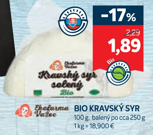 Bio kravský syr, balený po približne 250 g